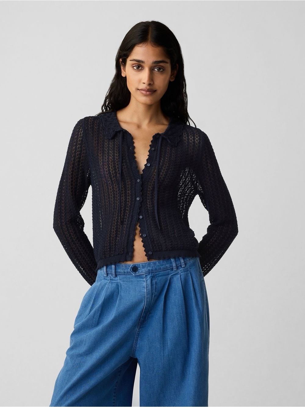 Navy Openwork Knit Button-Front Cardigan - Women